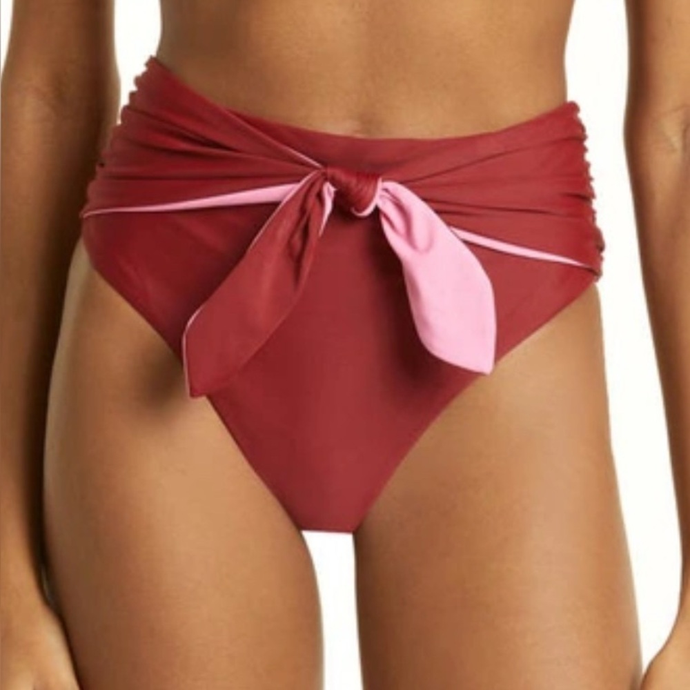 Veronica Beard Red and Pink Tie-Front High-Waist Bikini Bottom